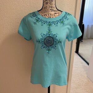 Turquoise Embroidered Women's Short Sleeve Fitted Top